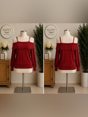 Women's Off-Shoulder Burgundy Sweater with Chain-Strap Detail‎